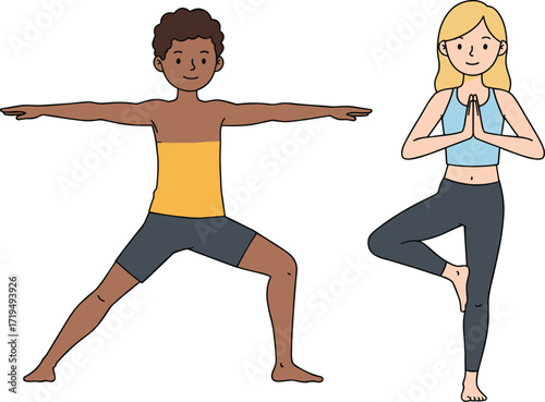 A young woman doing a Warrior II pose and a boy in Child's Pose, demonstrating peaceful yoga and meditation.
