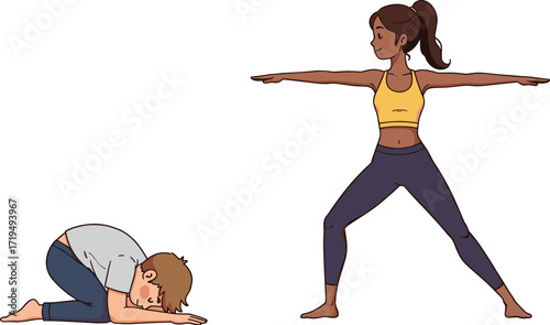 A young woman doing a Warrior II pose and a boy in Child's Pose, demonstrating peaceful yoga and meditation.