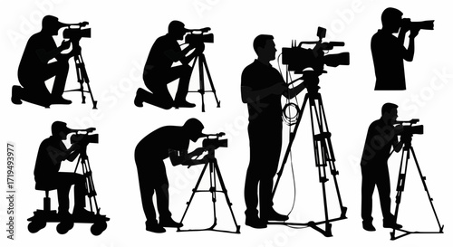 Videographers Camera Operators in Various Poses, Studio, Illustration, Artistic Environment, Side View, Creative Concepts
