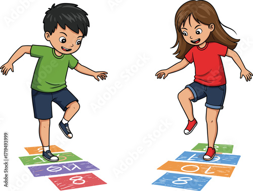 Kids playing hopscotch on a sunny day in a park, enjoying a fun and healthy outdoor activity together.