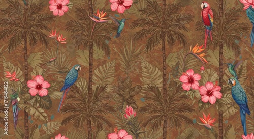 Tropical Paradise Wallpaper: Parrots Hibiscus Palm Trees and Hummingbirds.