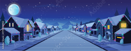 Suburban houses, street with cottages with garages at night in winter. A street of houses with green trees and a road in perspective. Village. Vector illustration in cartoon style.