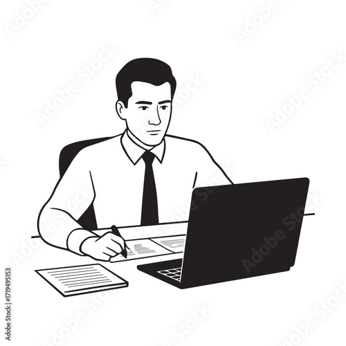 Black and white line art of a hardworking man at office desk with laptop and documents minimalist illustration