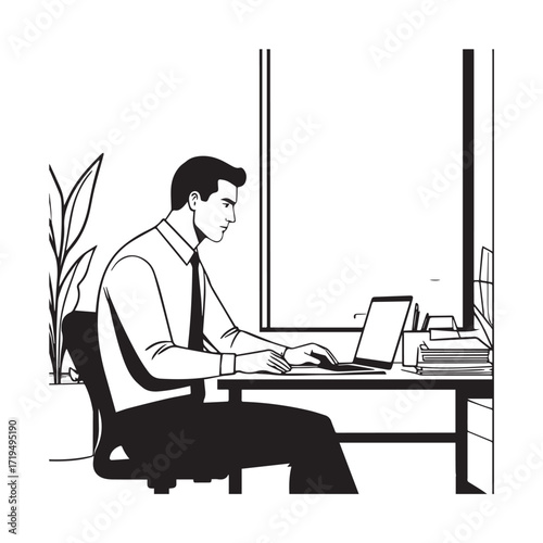 Black and white line art of a hardworking man at office desk with laptop and documents minimalist illustration