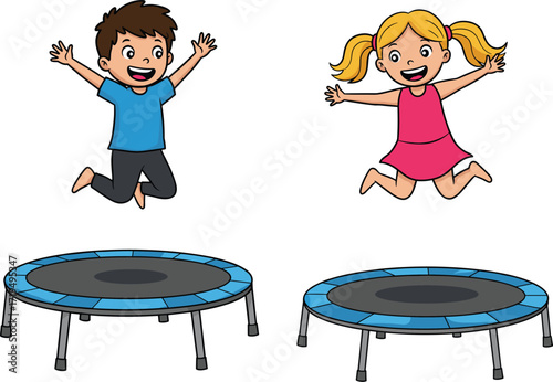  Happy boy and girl jumping on a trampoline with hands up in the air, having fun, vector illustration.