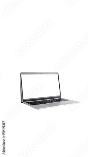 A silver laptop with a blank white screen sits angled slightly to the left against a black background