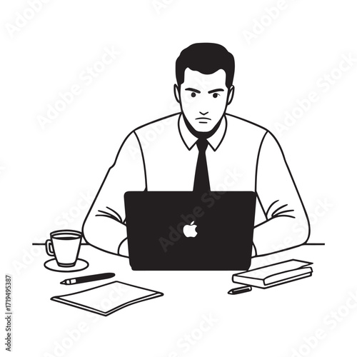 Black and white line art of a hardworking man at office desk with laptop and documents minimalist illustration