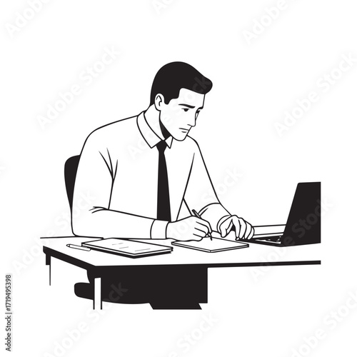 Black and white line art of a hardworking man at office desk with laptop and documents minimalist illustration