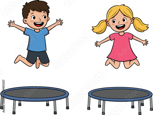  Happy boy and girl jumping on a trampoline with hands up in the air, having fun, vector illustration.