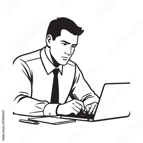 Black and white line art of a hardworking man at office desk with laptop and documents minimalist illustration