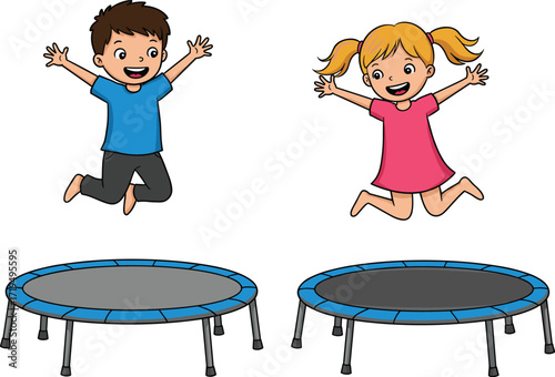  Happy boy and girl jumping on a trampoline with hands up in the air, having fun, vector illustration.
