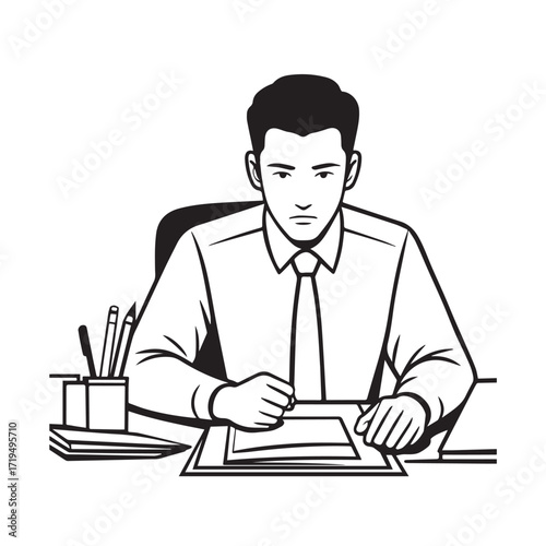 Black and white line art of a hardworking man at office desk with laptop and documents minimalist illustration