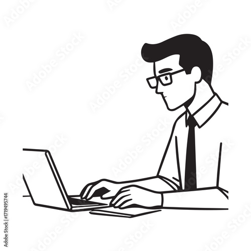 Black and white line art of a hardworking man at office desk with laptop and documents minimalist illustration