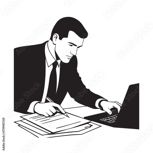 Black and white line art of a hardworking man at office desk with laptop and documents minimalist illustration