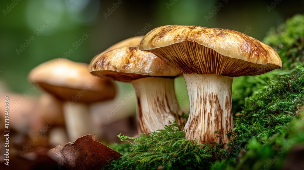 Fototapeta premium Wild Mushrooms Growing on Mossy Log in Forest, Edible Fungi Close-Up in Natural Habitat