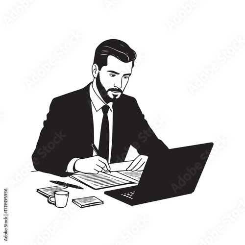 Black and white line art of a hardworking man at office desk with laptop and documents minimalist illustration
