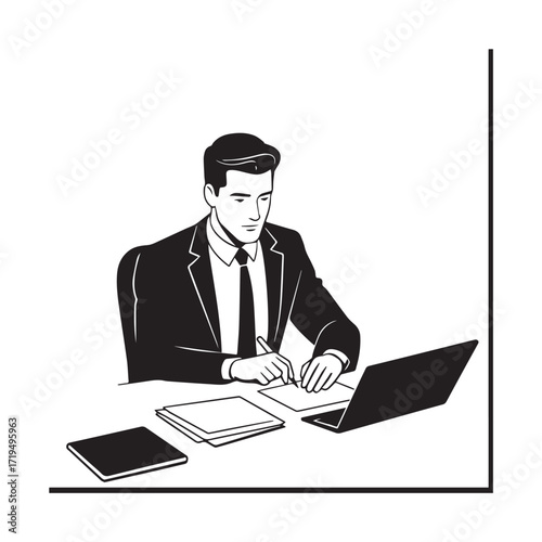 Black and white line art of a hardworking man at office desk with laptop and documents minimalist illustration