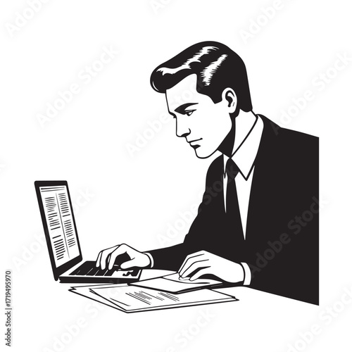 Black and white line art of a hardworking man at office desk with laptop and documents minimalist illustration