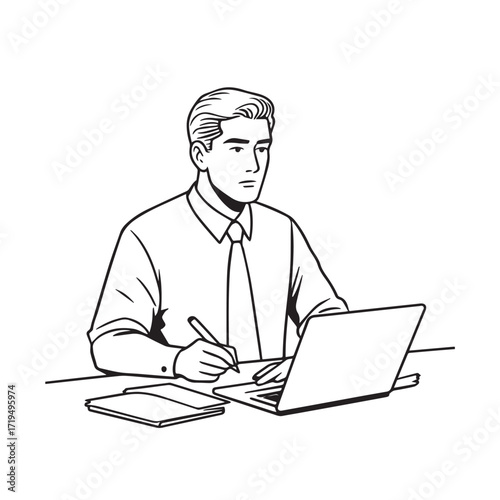 Black and white line art of a hardworking man at office desk with laptop and documents minimalist illustration