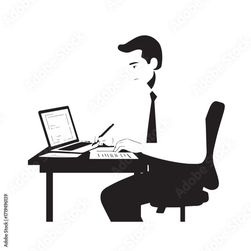Black and white line art of a hardworking man at office desk with laptop and documents minimalist illustration