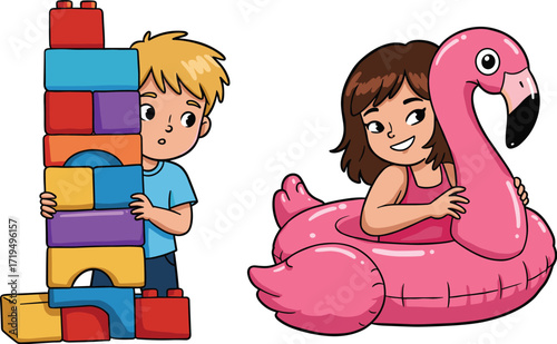  Happy kids with plants, a little boy with a potted plant and a girl with a sunflower, vector illustration.