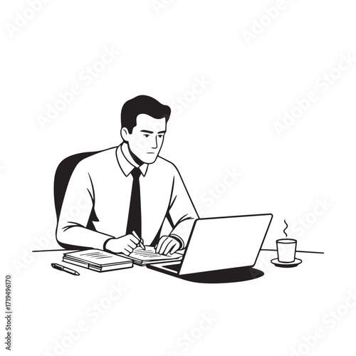 Black and white line art of a hardworking man at office desk with laptop and documents minimalist illustration
