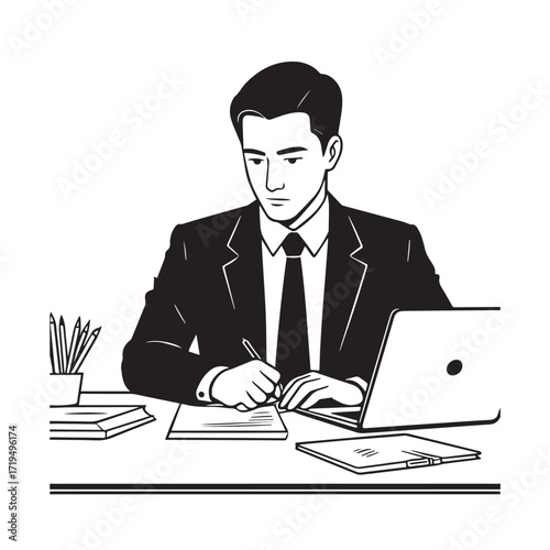 Black and white line art of a hardworking man at office desk with laptop and documents minimalist illustration