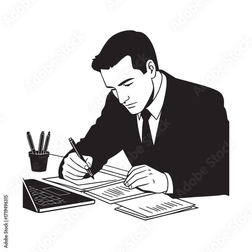 Black and white line art of a hardworking man at office desk with laptop and documents minimalist illustration