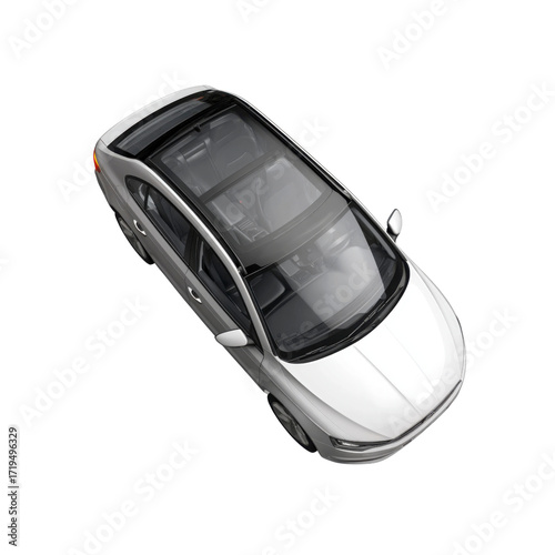 Aerial View of Modern Silver Sedan with Panoramic Sunroof