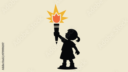Empowered little girl boldly raises a torch, illuminating a path to a brighter future filled with possibilities and hope for the next generation