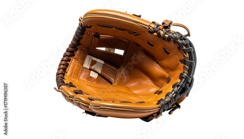 A tan leather baseball glove, open, showing its interior;  detailed stitching and worn leather are visible.  The glove is viewed from above