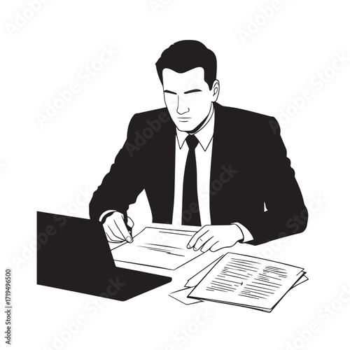 Black and white line art of a hardworking man at office desk with laptop and documents minimalist illustration