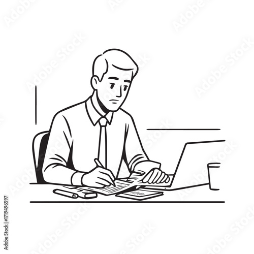 Black and white line art of a hardworking man at office desk with laptop and documents minimalist illustration