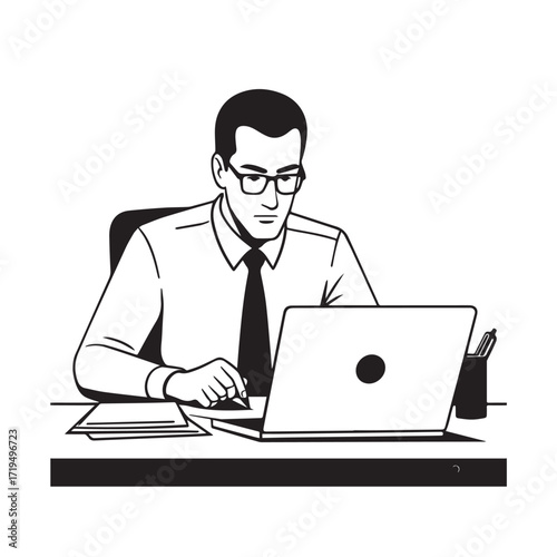 Black and white line art of a hardworking man at office desk with laptop and documents minimalist illustration