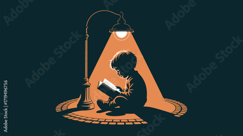 Young boy absorbed in a book under the warm glow of a streetlight, perfect for illustrating literacy, education, and the magic of reading