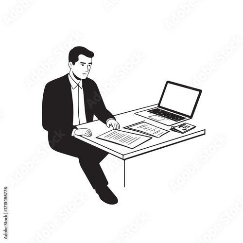 Black and white line art of a hardworking man at office desk with laptop and documents minimalist illustration