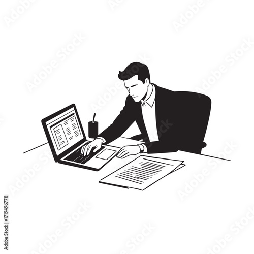 Black and white line art of a hardworking man at office desk with laptop and documents minimalist illustration