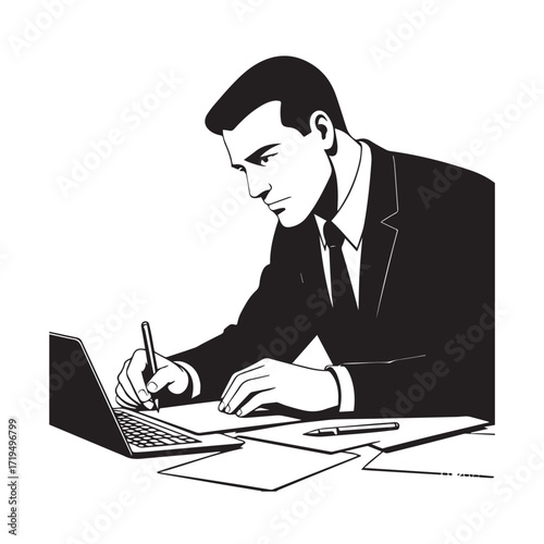 Black and white line art of a hardworking man at office desk with laptop and documents minimalist illustration