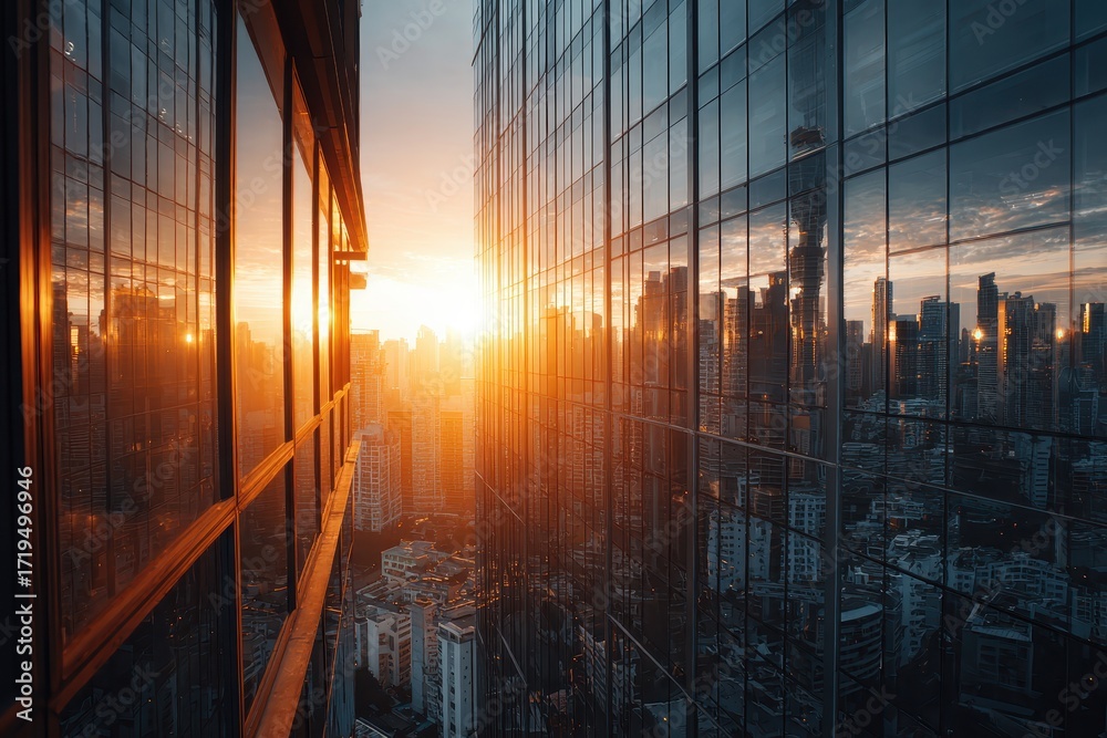 Obraz premium Glass skyscrapers reflect sunrise in a modern city downtown. Perfect to illustrate business, success and urban development.