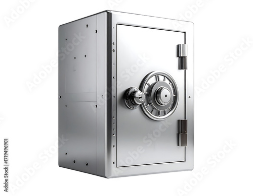 A metallic, square safe with a circular dial lock and a small handle, rendered in a 3D style against a black background