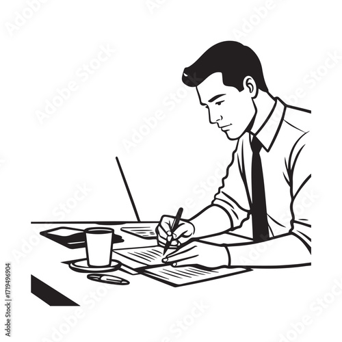 Black and white line art of a hardworking man at office desk with laptop and documents minimalist illustration