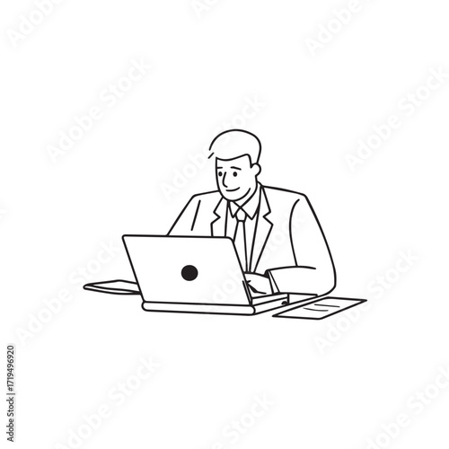 Black and white line art of a hardworking man at office desk with laptop and documents minimalist illustration