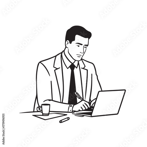 Black and white line art of a hardworking man at office desk with laptop and documents minimalist illustration