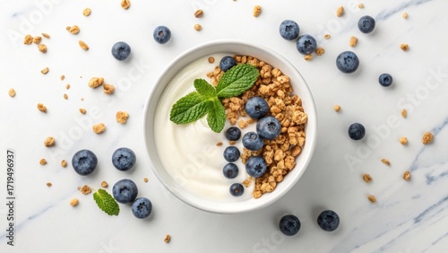 Delicious yogurt bowl with fresh blueberries granola and mint healthy breakfast food overhead view