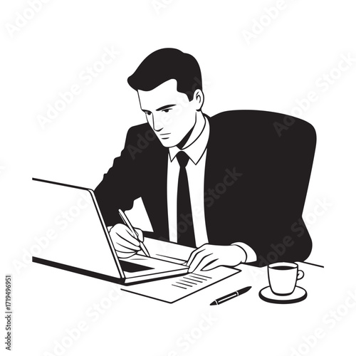 Black and white line art of a hardworking man at office desk with laptop and documents minimalist illustration