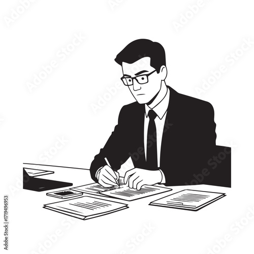 Black and white line art of a hardworking man at office desk with laptop and documents minimalist illustration