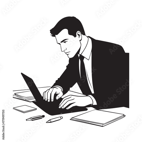 Black and white line art of a hardworking man at office desk with laptop and documents minimalist illustration