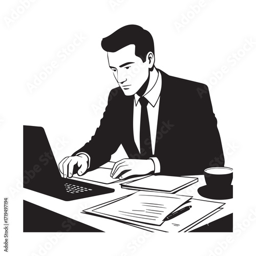 Black and white line art of a hardworking man at office desk with laptop and documents minimalist illustration