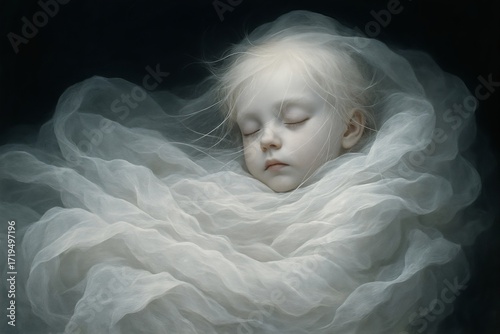 Dreamlike Portrait of a Sleeping Child Wrapped in Ethereal White Veil