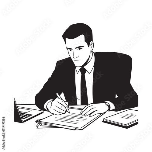 Black and white line art of a hardworking man at office desk with laptop and documents minimalist illustration